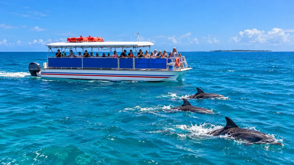 Tour boat cruising beside a pod of dolphins in blue water